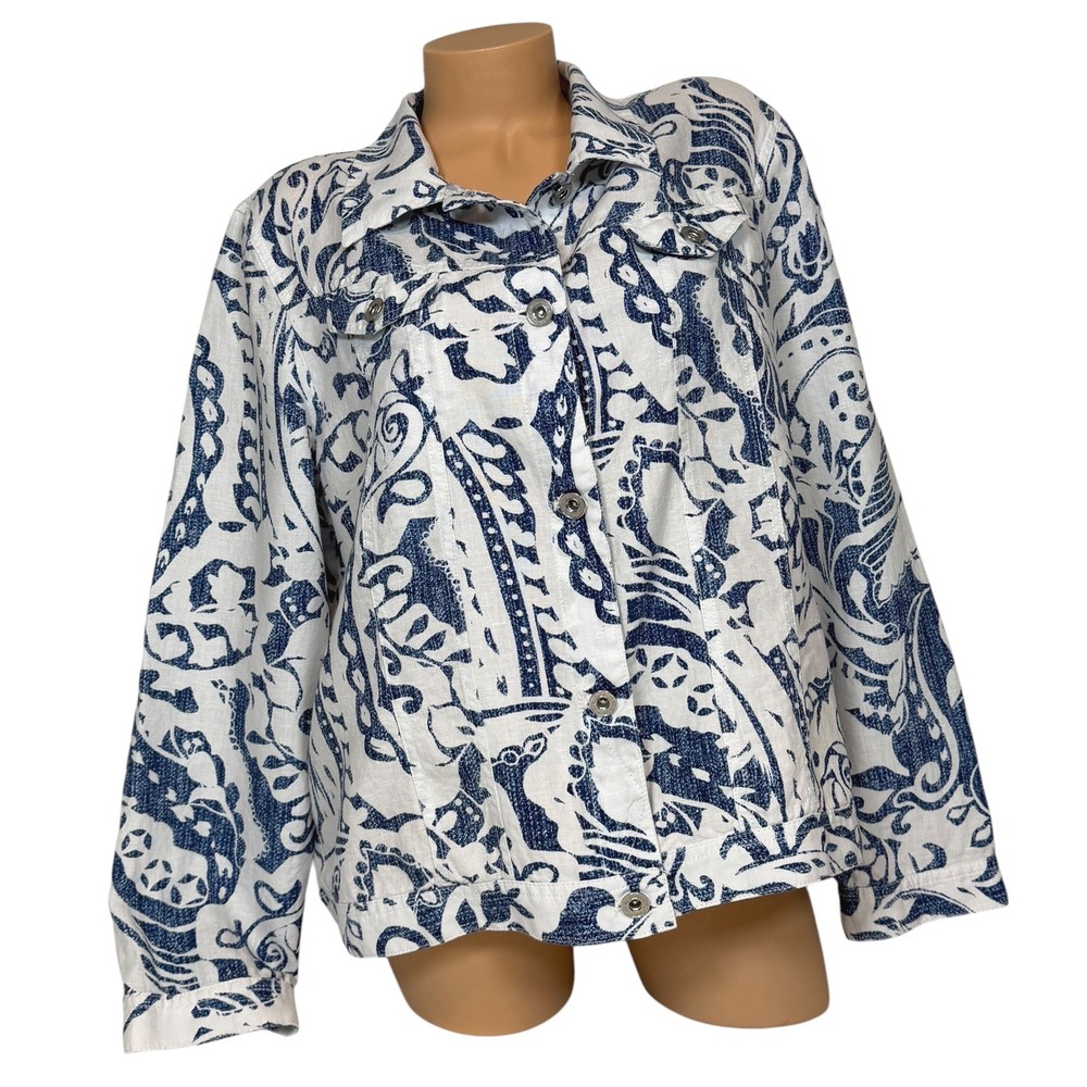 Chico's 100% Linen Paisley Print Button Front Jacket White Navy Blue Size 3 XL